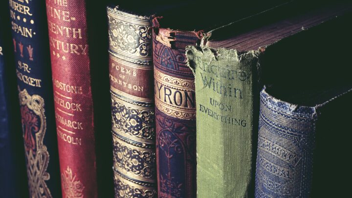 A close-up of vintage books with ornate, aged covers, reminiscent of a BA Hons English student's cherished collection in London. Titles include "The Nineteenth Century," "Poems," and "Betton." The richly detailed bindings show wear, reflecting their historical character and timeless appeal.