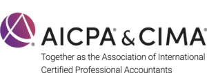 Logo with a purple and pink circular icon on the left, followed by the text "AICPA & CIMA," and below it, the phrase "Together as the Association of International Certified Professional Accountants—trusted by Accounting Finance Managers.