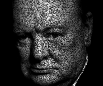 A digital artwork of a man's face composed of repeated text saying "never give up." The background is black, and the text forms facial features, creating a somber expression.
