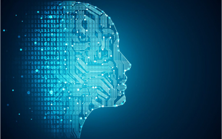 A digital silhouette of a human head made from circuitry and binary code on a dark blue background, symbolizing artificial intelligence and technology.