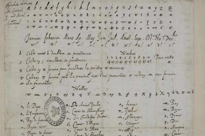 A historical cipher document containing a variety of symbols and letters, along with handwritten annotations and instructions. The text includes months, numbers, and names, surrounded by detailed script and a circular stamp or seal.