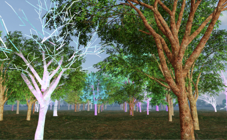 A forest with a mix of vibrant green and glowing white trees under a clear sky, creating a surreal atmosphere. The trees have various shades and textures, giving the scene a mystical appearance.
