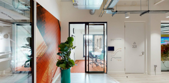 Modern office space featuring a glass meeting room with a table and chairs inside. A large green plant in a turquoise pot sits near the entrance. The walls are white with abstract artwork and design accents.