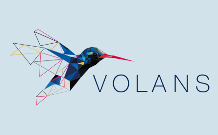 Geometric illustration of a colorful bird in flight next to the word "VOLANS" on a light blue background. The bird is composed of various colored triangles.