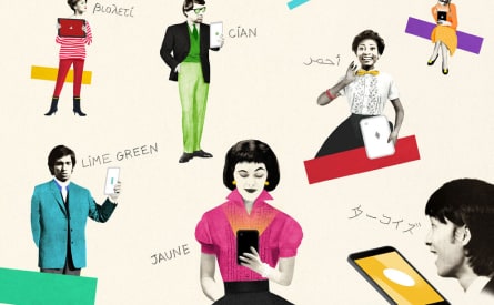 A collage of diverse cartoon people interacting with devices. Each person is styled in mid-century fashion with vibrant colors like lime green, purple, and orange. Text in various languages floats beside them, along with colorful geometric shapes.
