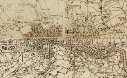 A vintage map depicting part of London, showing detailed street layouts, the River Thames, and surrounding areas. The map includes locations such as Westminster and Deptford, with intricate labeling of roads and neighborhoods.