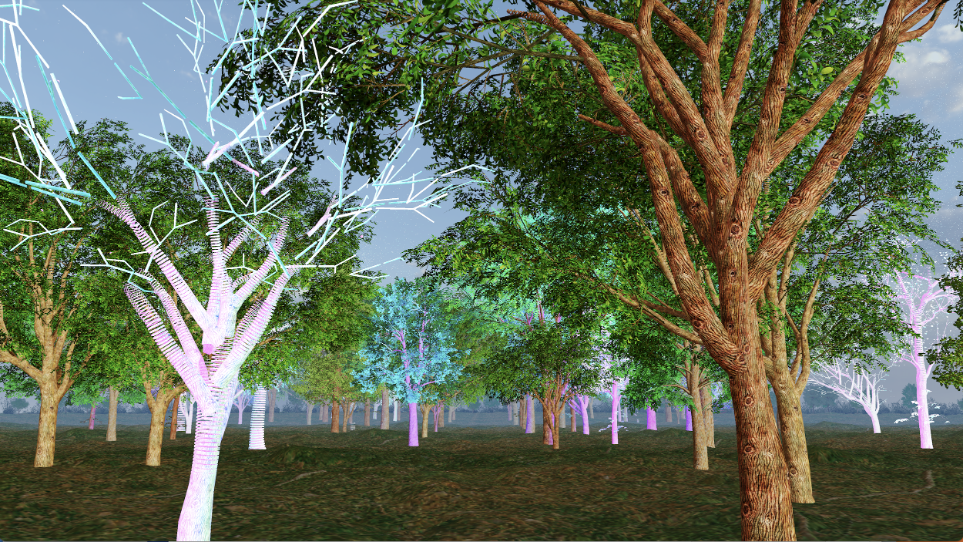 A digital artwork of a forest with trees displaying vibrant, multicolored, illuminated branches. The scene mixes natural and artificial elements, creating a surreal atmosphere with a bright sky in the background.