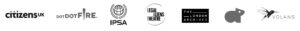Logos of various organizations in a row: Citizens UK, Dot Dot Fire, IPSA, Legal Aliens Theatre, The London Archives, and Volans. Each logo uniquely merges culture and technology through distinctive designs featuring symbols and text.