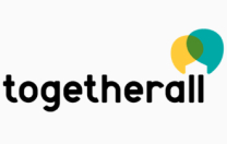 Logo with the word "togetherall" in black lowercase letters. Two overlapping speech bubbles, one teal and one yellow, are on the top right, creating a green intersection. The background is white.