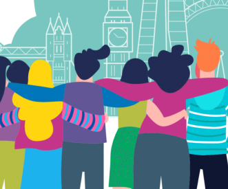Illustration of a diverse group of six people with arms around each other, standing in front of London's landmarks, including Big Ben and the Tower Bridge. They are viewed from behind, showing a sense of unity and friendship.