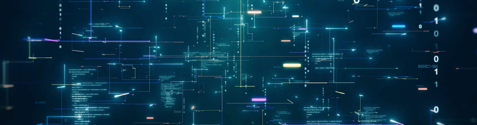 Digital abstract background showing glowing lines, code snippets, and binary numbers on a dark blue backdrop, resembling a futuristic or technological data network.
