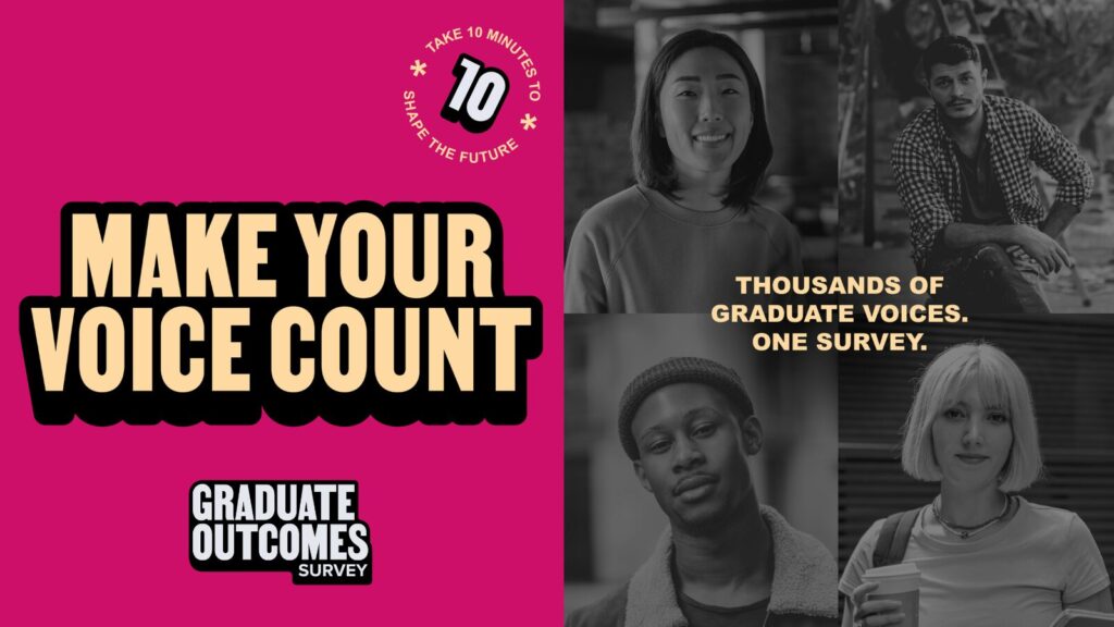 A bold graphic reads "MAKE YOUR VOICE COUNT" and "GRADUATE OUTCOMES SURVEY" on a pink background. Grayscale photos of four diverse young adults highlight the Graduate Outcomes Survey, uniting thousands of graduate voices in one survey.