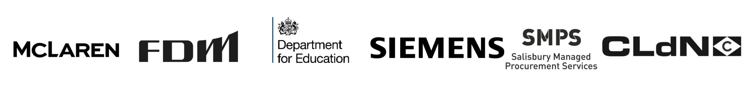 A row of six black-and-white logos: McLaren, FDM, Department for Education, SIEMENS, SMPS Salisbury Managed Procurement Services, and CLdN—showcasing support for apprenticeships for employers.