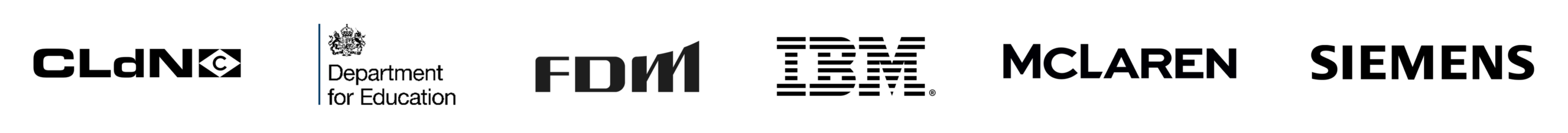 Row of six black-and-white logos—COLDNFC, Department for Education, FD M11, IBM, McLaren, and Siemens—displayed on a white background, highlighting support for apprenticeships for employers.