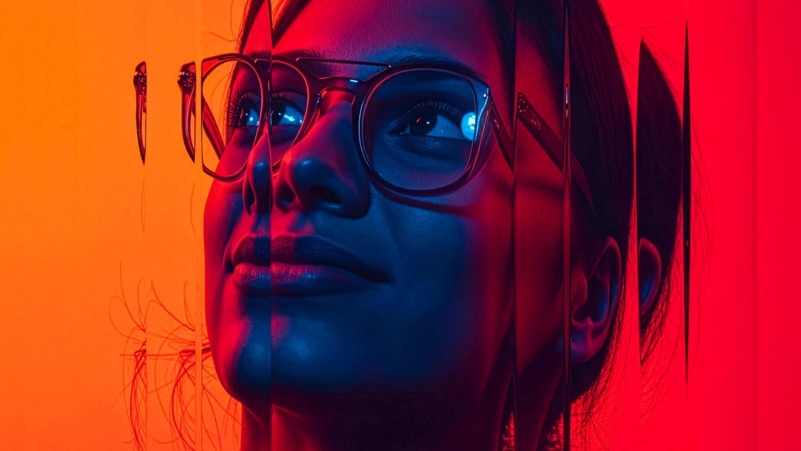 A woman wearing glasses looks upward, her face illuminated by vibrant red and blue lighting. The image is artistically distorted with vertical streaks, creating a surreal and futuristic atmosphere.