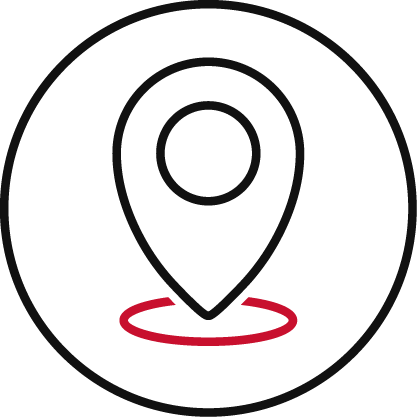 A black location pin icon outlined with a red oval base, all enclosed within a black circle on a light gray background.