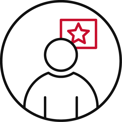 Simple icon of a person inside a circle with a red outlined star in a rectangle above their right shoulder, symbolizing achievement or recognition.