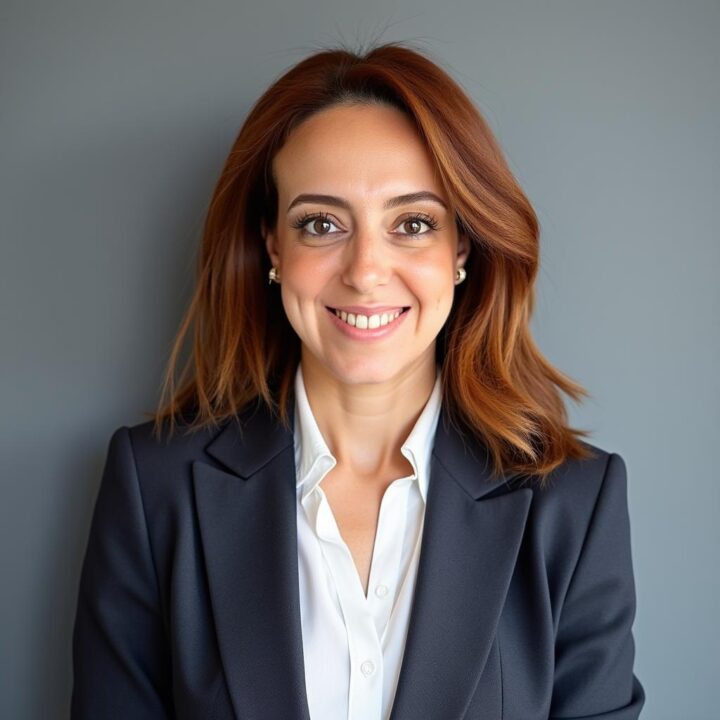 A woman with shoulder-length reddish-brown hair, wearing a dark blazer over a white blouse, smiles at the camera against a plain gray background.