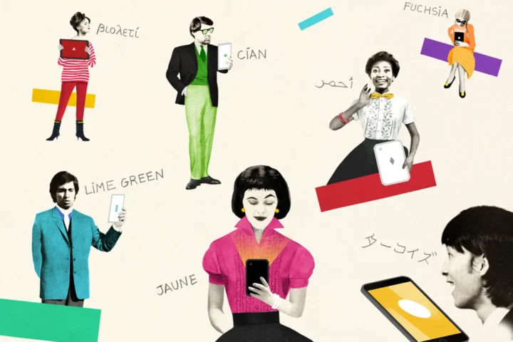 Illustration of six people holding tech devices, each dressed in bold colors with color names labeled around them in various languages, set against a light background with colorful geometric shapes.