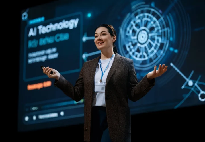 A woman in business attire gives a presentation about AI technology, standing in front of a large screen displaying digital graphics and text related to AI.