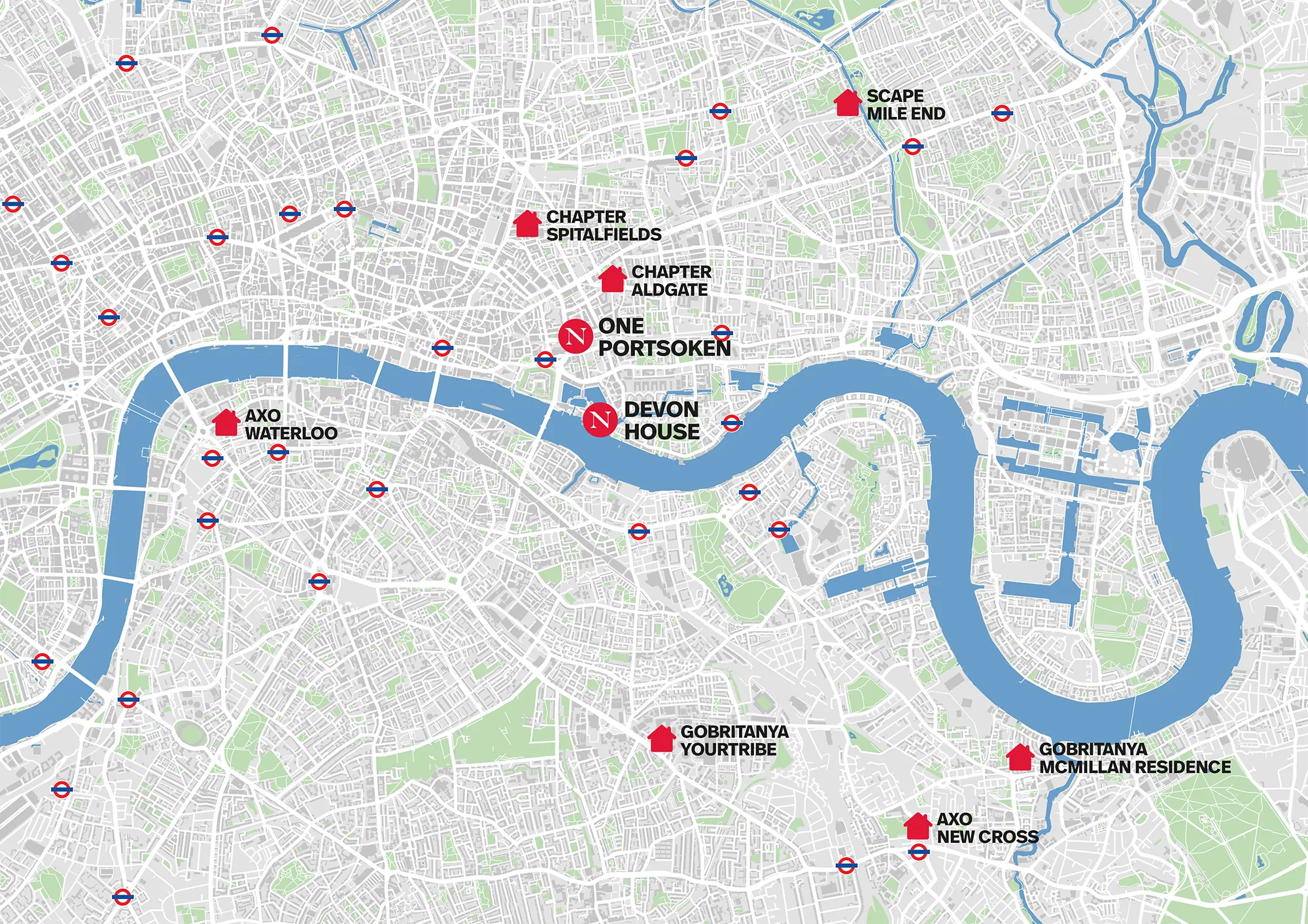 Map of central London showing locations of several student accommodations marked with red icons and names, including Scape Mile End, Chapter Spitalfields, and AXO Waterloo, along with the Thames River and Underground stations. Ideal for finding accommodation.