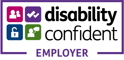 Disability Confident Employer logo featuring icons of people, checkmarks, an open lock, and a thinking person, with bold text reading 'disability confident employer' framed in purple.