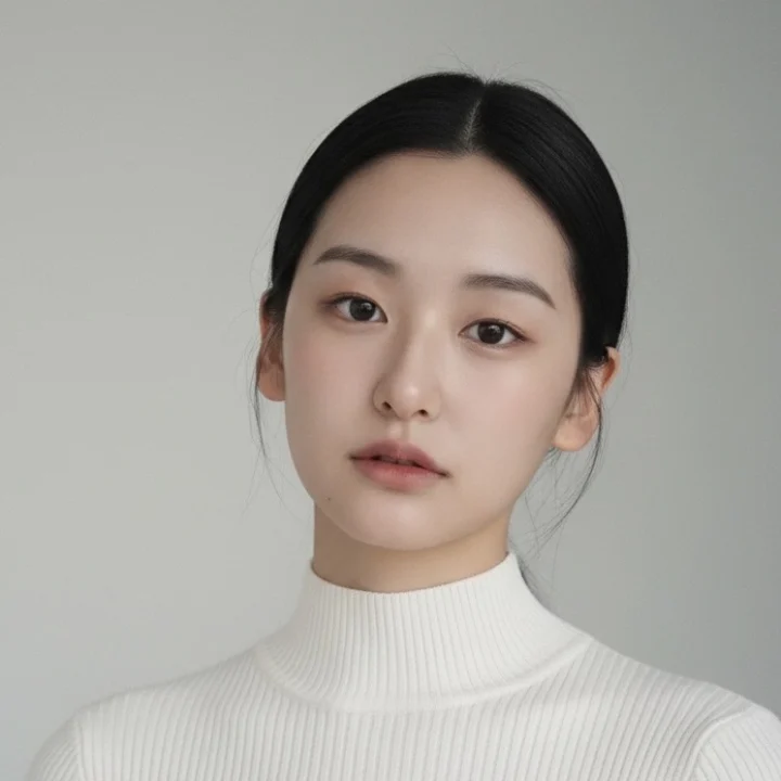 A young woman with straight black hair tied back, wearing a white turtleneck sweater, looks at the camera with a neutral expression against a plain light gray background.