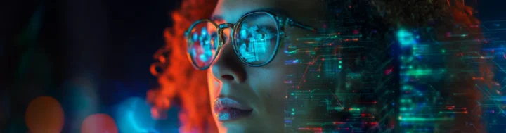 A person with curly hair and glasses gazes ahead, colorful lights and digital graphics reflecting in the lenses, symbolizing technology and futuristic concepts.