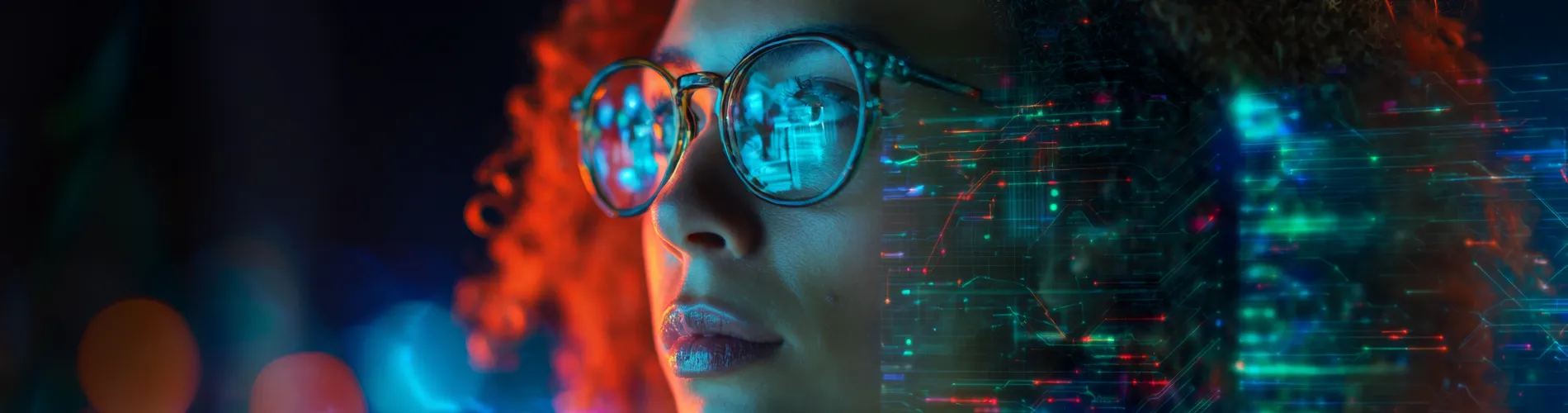 A person with curly hair and glasses gazes ahead, colorful lights and digital graphics reflecting in the lenses, symbolizing technology and futuristic concepts.
