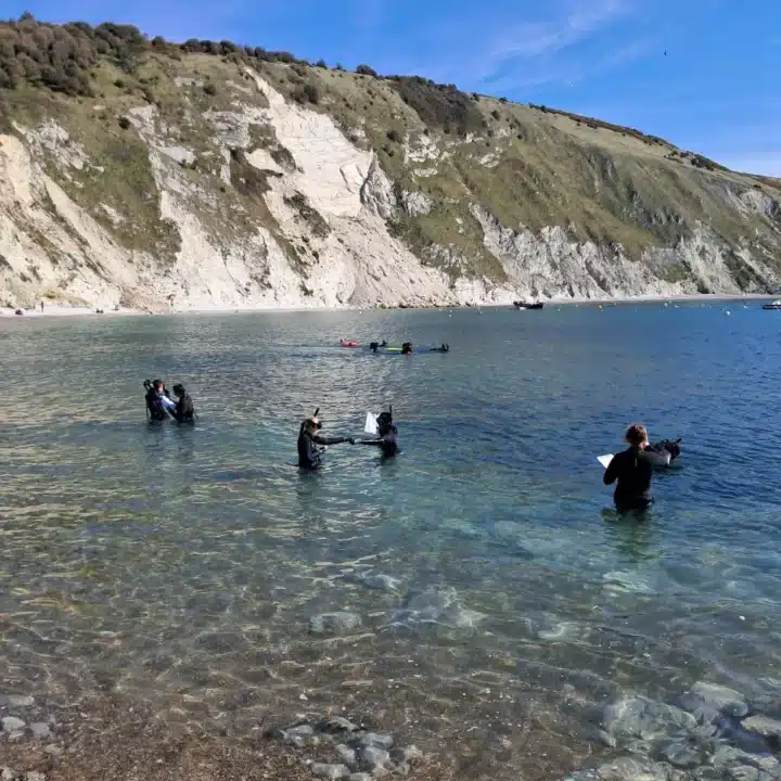 Several people in wetsuits stand and sit in the shallow, clear water of a bay with rocky hills and cliffs in the background under a blue sky. Some are holding objects, possibly preparing for water activities.
